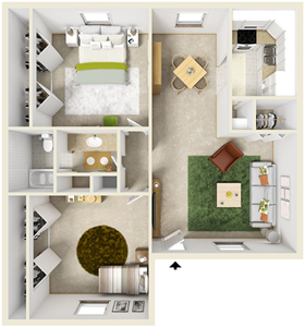 Two Bedroom B / One Bath - 1,050 Sq. Ft.*