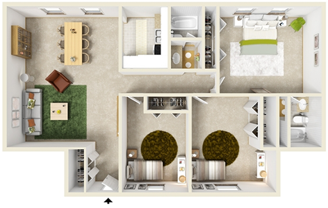 Three Bedroom A / Two Bath - 1,660 Sq. Ft.*